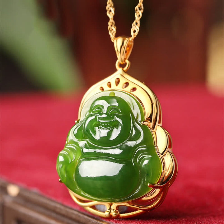 Colgante de cadena de collar curativo de oro de 18 quilates de Buda sonriente de jade cian hetiano natural de plata de ley 925 - image 4