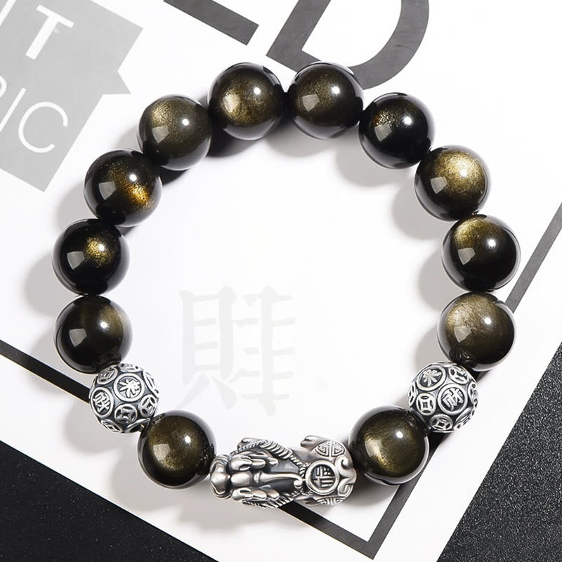 Pulsera de protección de la riqueza PiXiu de obsidiana brillante de oro natural de plata de ley 925 con Buddha Stones - 10 mm - image 0