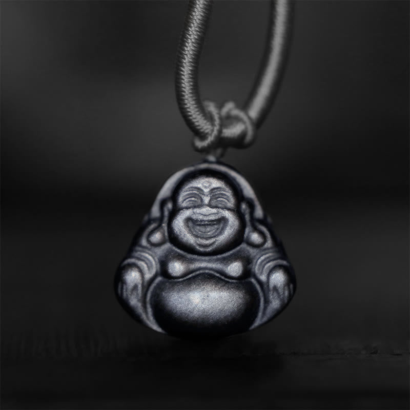 Colgante de collar de protección de Buda sonriente de obsidiana brillante de plata natural con Buddha Stones - image 1