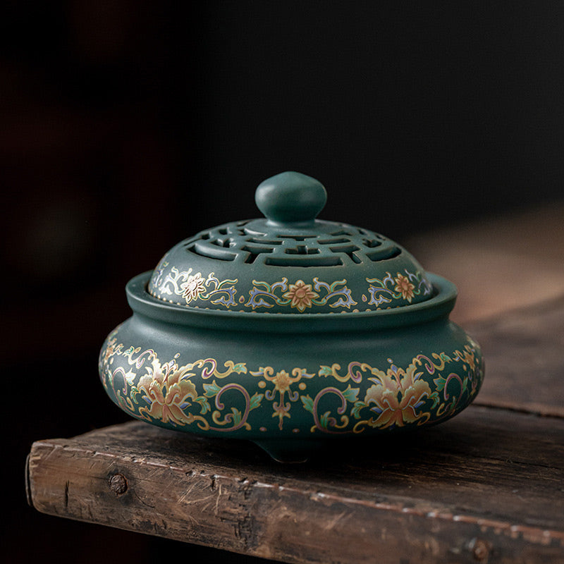 Quemador de incienso de cerámica para meditación, fuente de humo de reflujo con patrón Floral de dragón, decoración