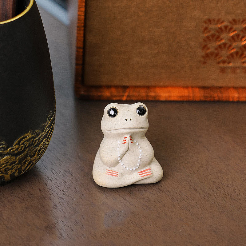 Buddha Stones Mini pequeña rana rezando cerámica riqueza prosperidad hogar té mascota estatuilla decoración