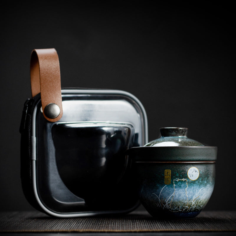 Taza de té de cerámica con Buddha Stones , ciervo, árboles de montaña, gato encantador, taza de té negra con tapa y bolsa