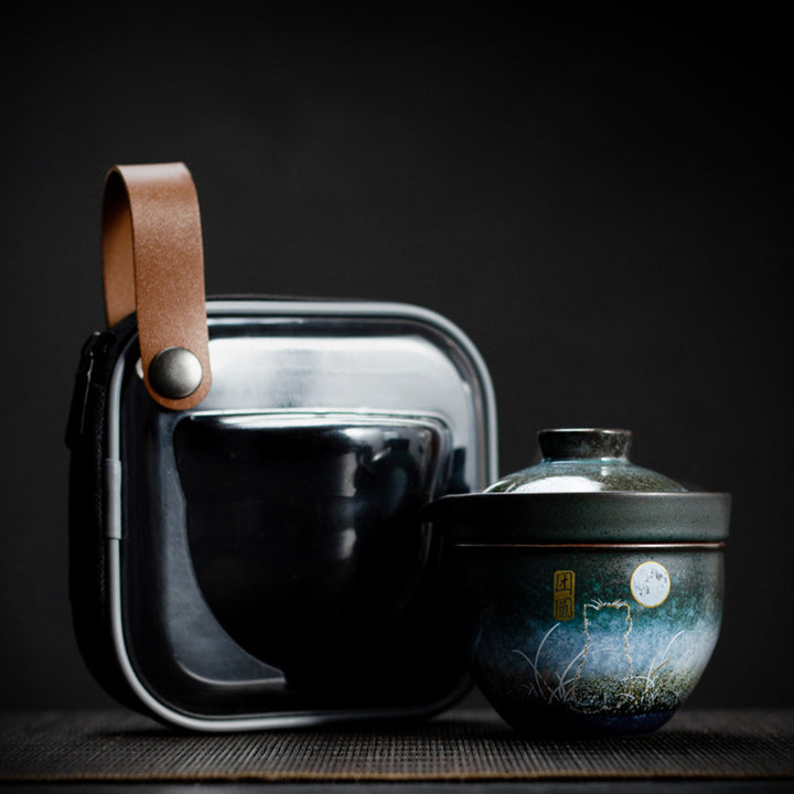 Taza de té de cerámica con Buddha Stones , ciervo, árboles de montaña, gato encantador, taza de té negra con tapa y bolsa