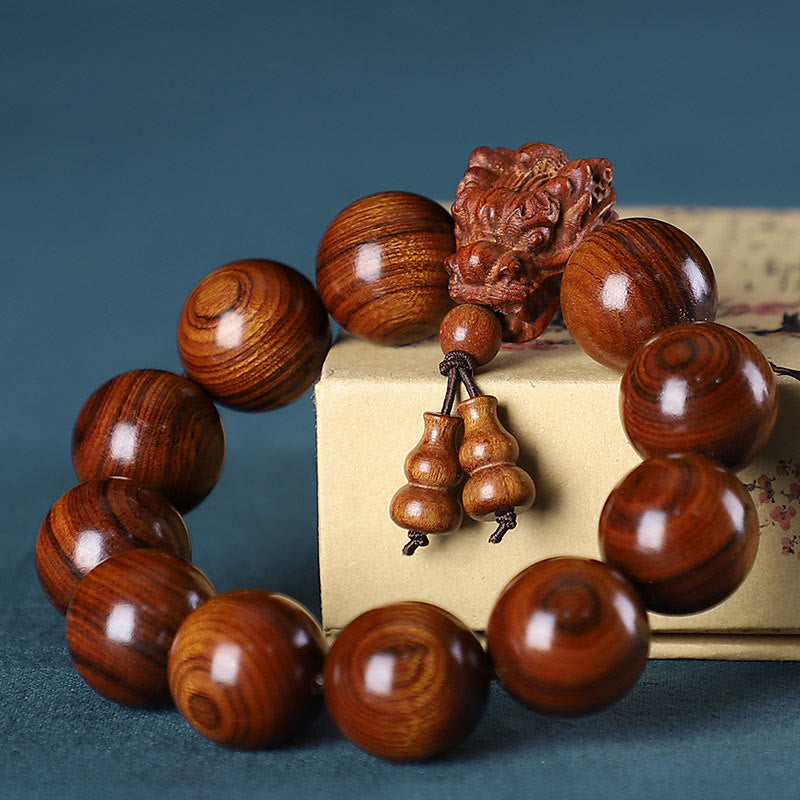 Pulsera de protección con Buddha Stones, palisandro, sándalo verde, hoja pequeña de sándalo rojo y dragón tallado