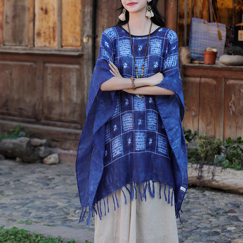 Jersey suave con borlas y chal a cuadros con bloques de Color azul de Buddha Stones 90*95cm
