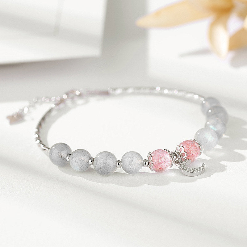 Pulsera con dije de luna de la suerte, piedra lunar, cuarzo fresa, Buddha Stones - Cuarzo fresa y piedra lunar - image 1