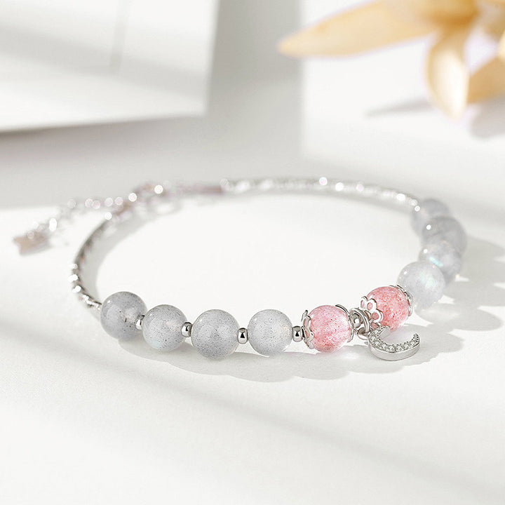 Pulsera con dije de luna de la suerte, piedra lunar, cuarzo fresa, Buddha Stones - Cuarzo fresa y piedra lunar - image 1