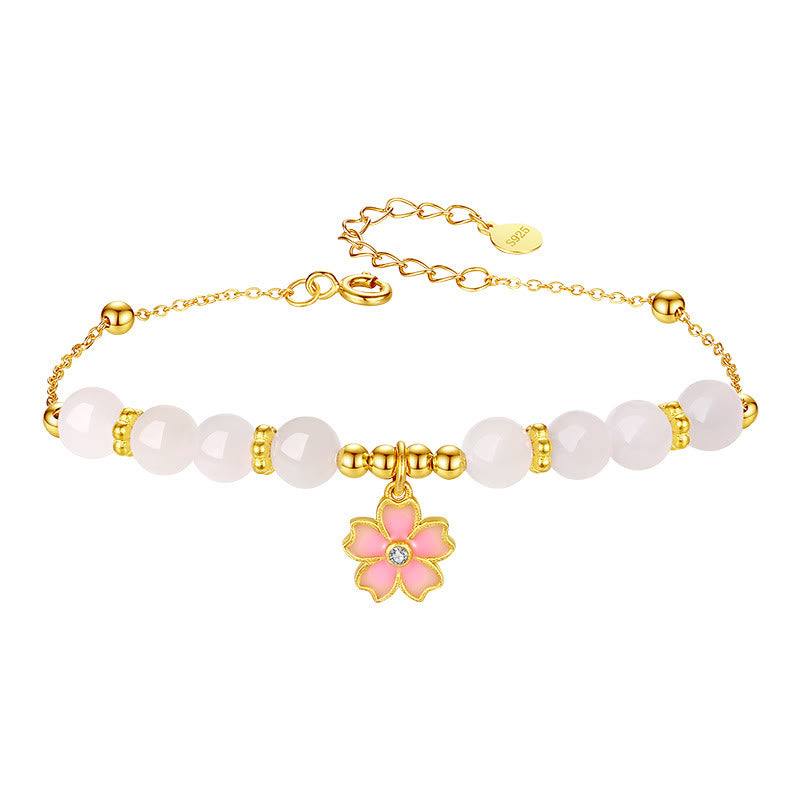 Pulsera de protección de flor de cerezo de jade blanco hetiano de plata de ley 925 con Buddha Stones