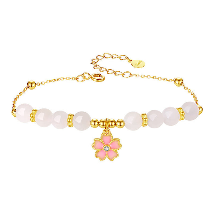 Pulsera de protección de flor de cerezo de jade blanco hetiano de plata de ley 925 con Buddha Stones