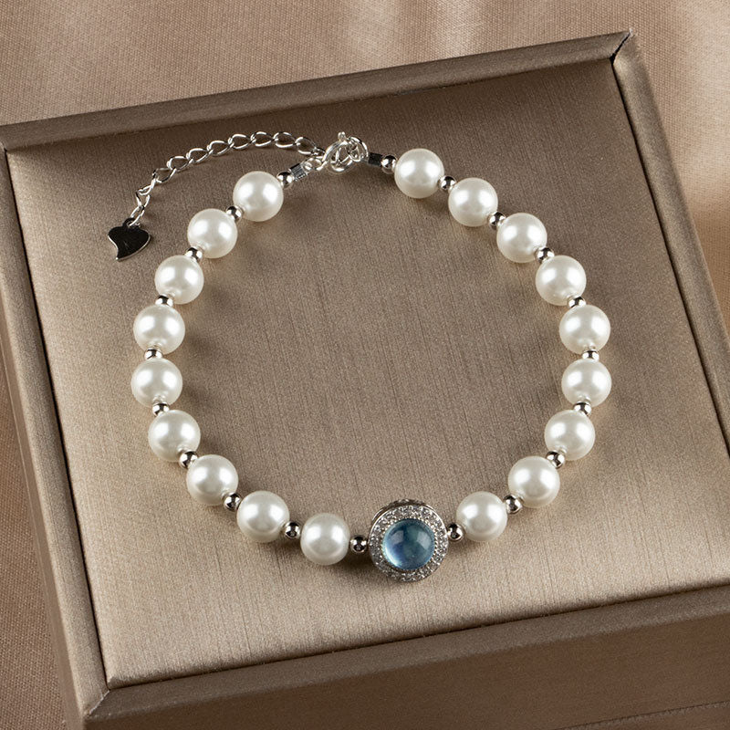 Anillo de pulsera de cadena curativa de calcedonia azul perla de plata de ley 925 con Buddha Stones