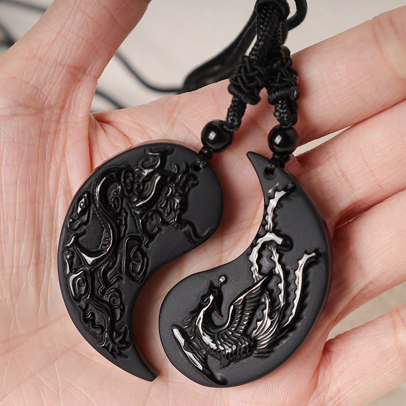 Buddha Stones Obsidiana Negra Yin Yang Dragón Fénix Suerte Collar Colgante - image 5