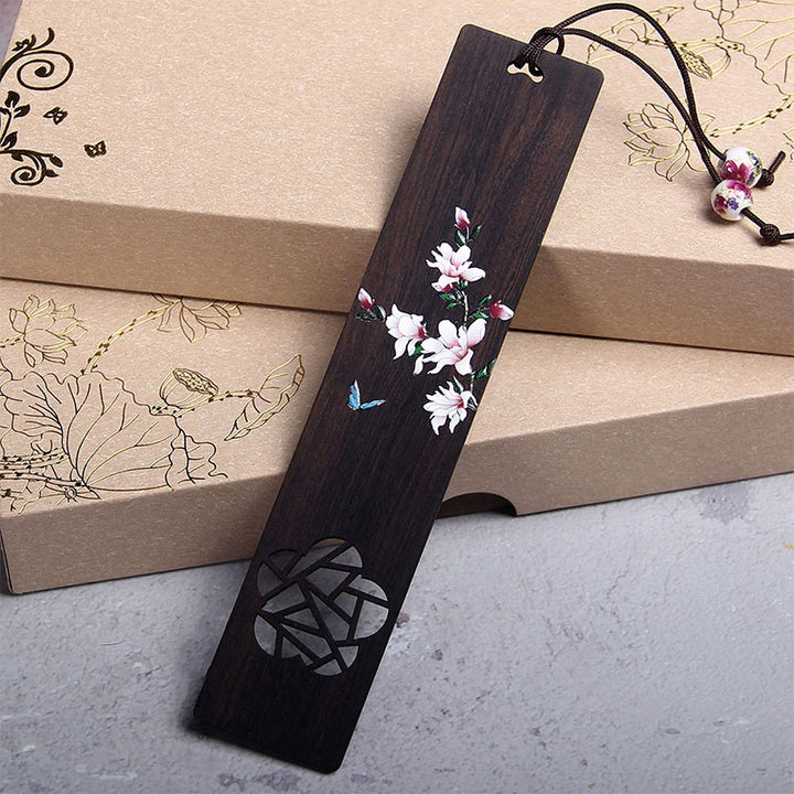 Marcadores de madera de ébano con flores de mariposa y Buddha Stones con caja de regalo