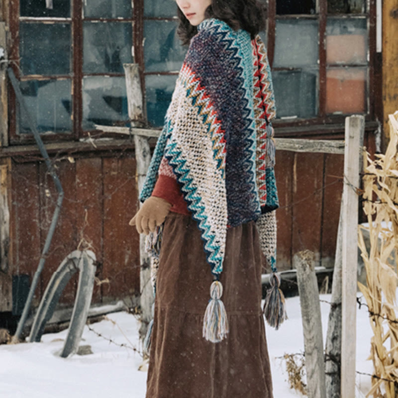 Mantón tibetano de Buddha Stones , bufanda cálida con borlas y patrón ondulado azul, Beige y rojo para invierno