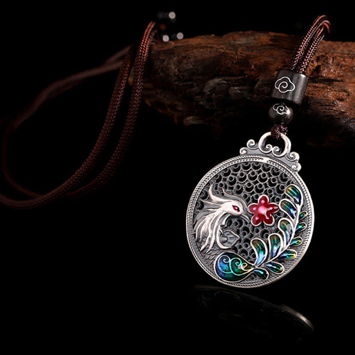 Collar con colgante de plata de ley 990 con Buddha Stones , diseño de fénix y protección de la suerte