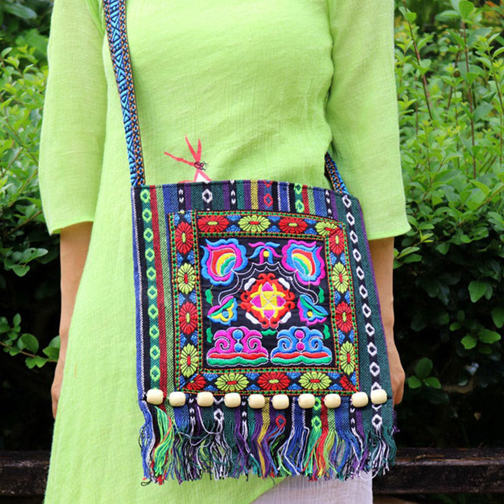 Bolso bandolera de lona de camelia bordado hecho a mano tibetano
