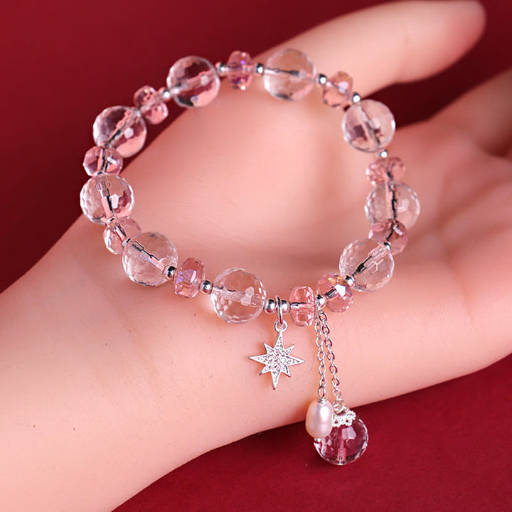 Pulsera con dije de estrella de protección de cristal rosa y cristal blanco con Buddha Stones