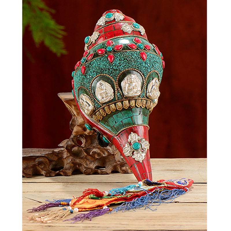 Tibetano hecho a mano Shankha Om Mani Padme Hum Buda Avalokitesvara turquesa Concha decoración positiva