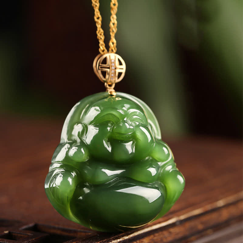 Colgante de cadena de collar de éxito de oro de 18 quilates con jade cian hetiano de Buda sonriente de plata de ley 925 - image 2