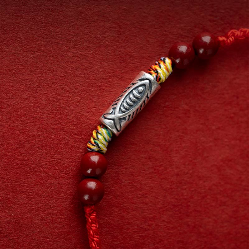 Pulsera tobillera trenzada hecha a mano con cuentas de cinabrio y pez Koi de plata de ley 925 con Buddha Stones