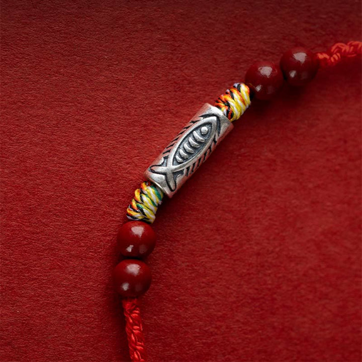 Pulsera tobillera trenzada hecha a mano con cuentas de cinabrio y pez Koi de plata de ley 925 con Buddha Stones