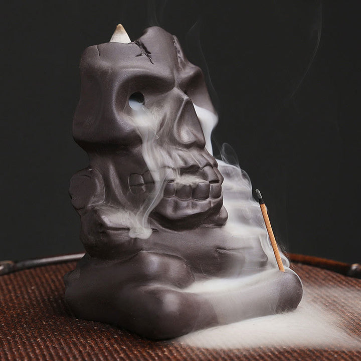 Buddha Stones, cabeza de calavera de Halloween, decoración de quemador de incienso curativo de arcilla púrpura