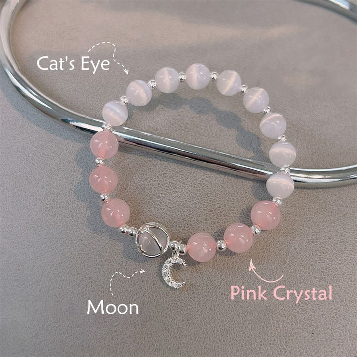 Pulsera con dije de amor y luna de cristal rosa, ojo de gato natural , Buddha Stones