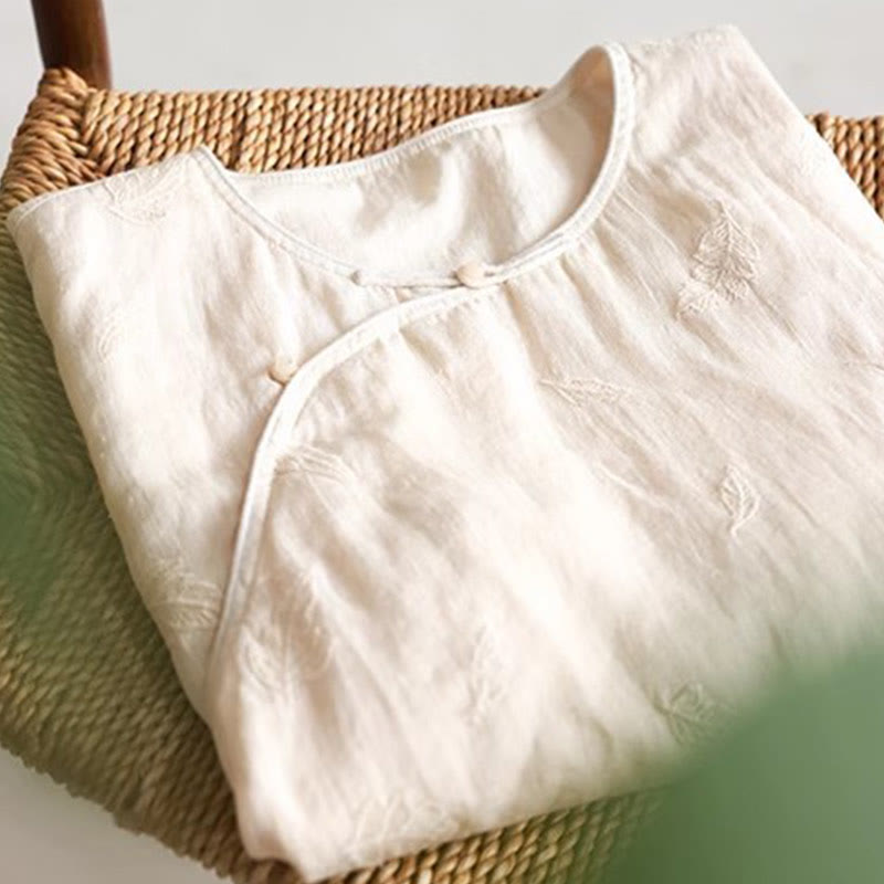 Blusa suelta de lino de ramio con Buddha Stones , camisa de manga corta, Top de estilo chino