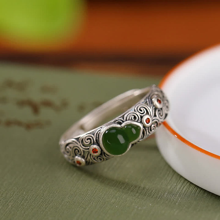 Anillo auspicioso de bendición de calabaza de jade cian de ágata roja de plata de ley 925
