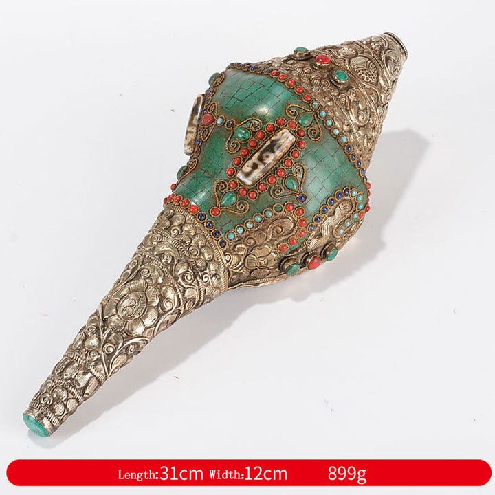 Tibetano hecho a mano Shankha Om Mani Padme Hum Buda Avalokitesvara turquesa Concha decoración positiva - Dorje doble 31*12cm - image 20