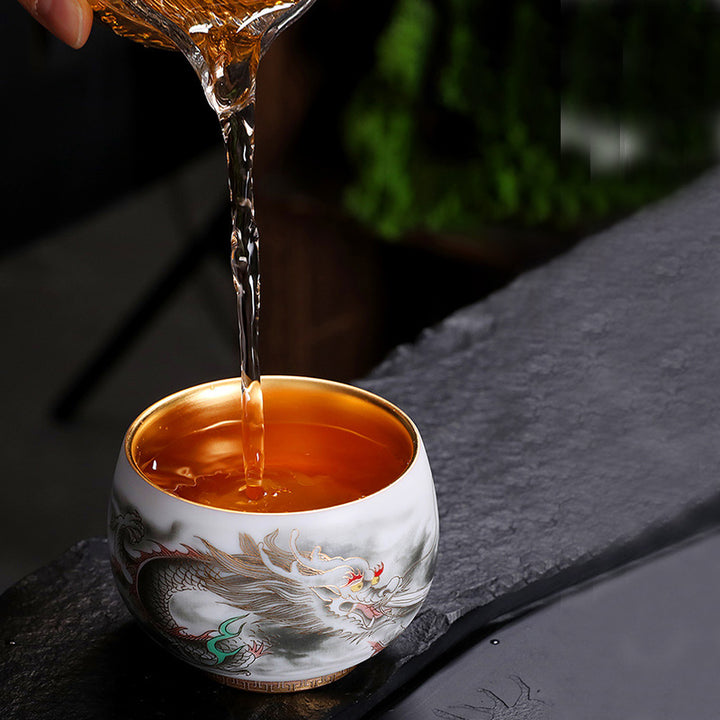 Taza de té de porcelana blanca de cerámica con calabaza dorada de dragón de Buddha Stones, taza de té de Kung Fu de 160ml
