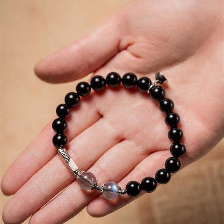 Pulsera de pareja de fuerza de piedra lunar de obsidiana de plata de ley 925