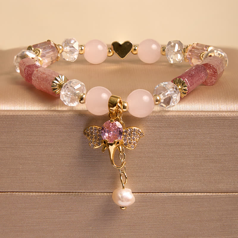 Pulsera con dije de elefante positivo, Buddha Stones , amatista, aventurina verde, cuarzo fresa