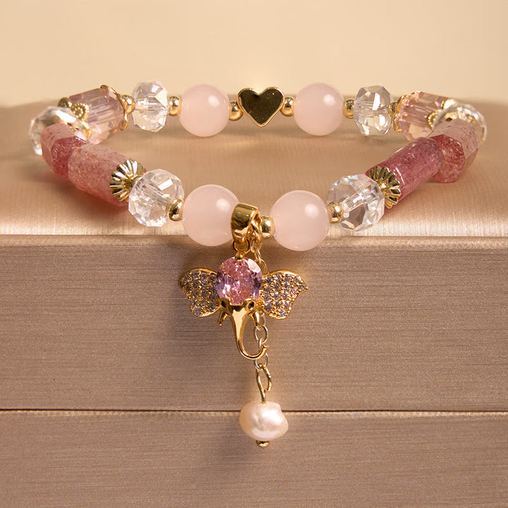 Pulsera con dije de elefante positivo, Buddha Stones , amatista, aventurina verde, cuarzo fresa