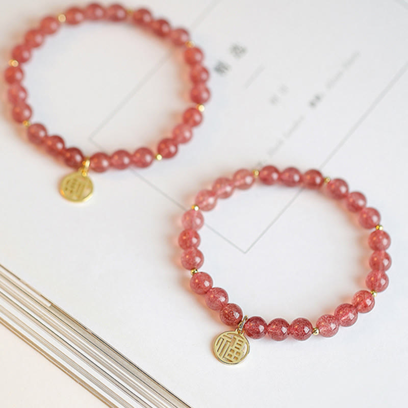 Pulsera con dije curativo de personaje Fu de cuarzo fresa chapado en oro de 14 quilates con Buddha Stones