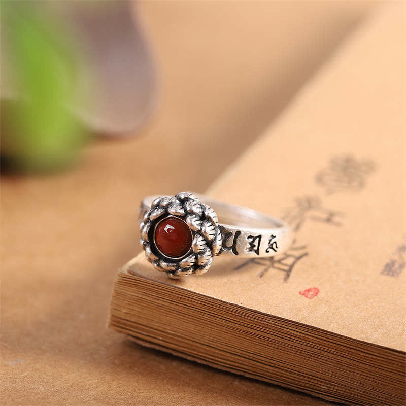 Anillo de bendición de confianza de ágata roja de loto de plata de ley 925