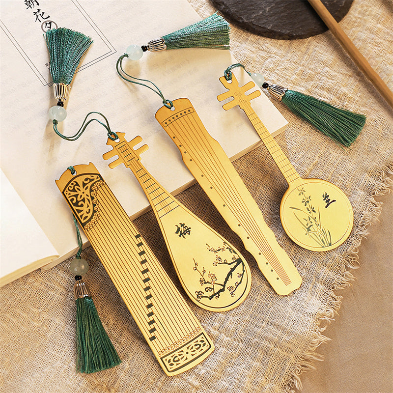 Buddha Stones instrumentos musicales clásicos Pipa Guzheng Guqin Ruan marcapáginas de Metal borla con caja de regalo