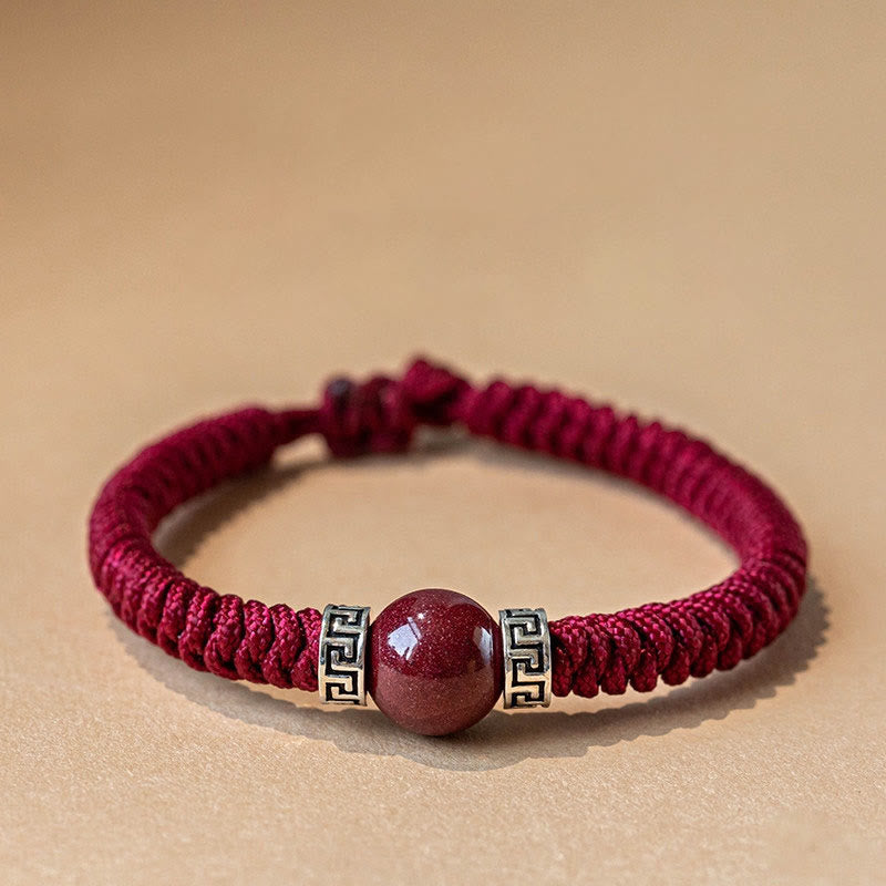 Pulsera de hilo trenzado hecha a mano con cuentas de cinabrio natural de plata de ley 925 con Buddha Stones - Rojo oscuro (hombres) - 19-21 cm - image 0