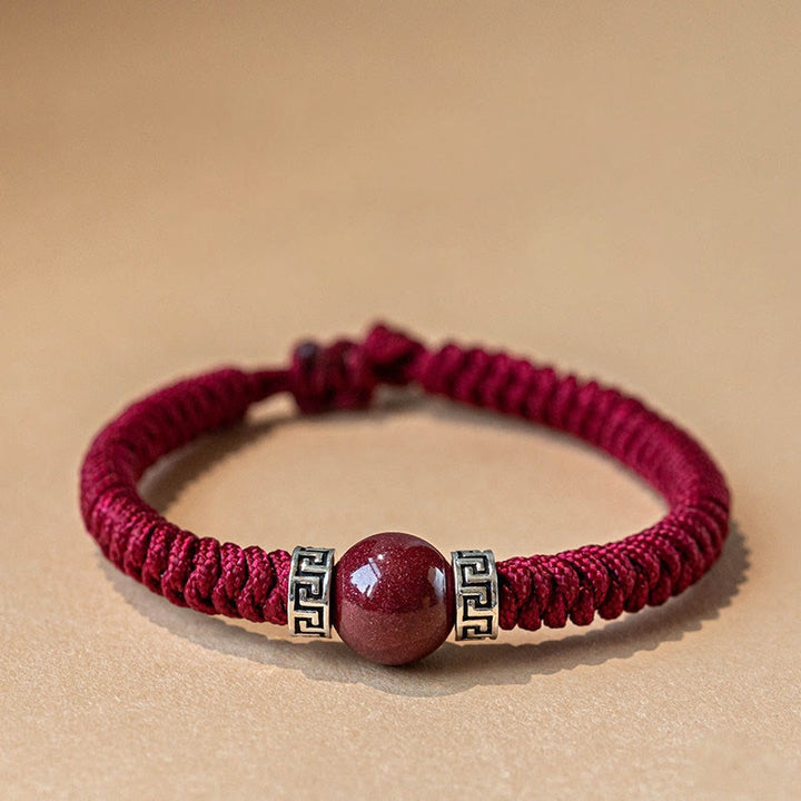 Pulsera de hilo trenzado hecha a mano con cuentas de cinabrio natural de plata de ley 925 con Buddha Stones - Rojo oscuro (hombres) - 19-21 cm - image 0