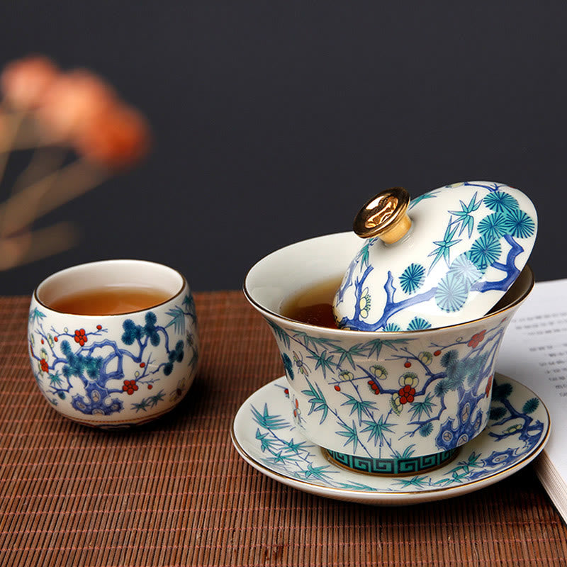 Buddha Stones Retro, flor de ciruelo, pino, bambú, Phoenix Kirin, cerámica Gaiwan Sancai, taza de té de Kung Fu y platillo con tapa