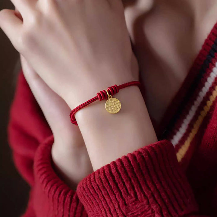 Pulsera de cuerda roja hecha a mano con Buddha Stones, ocho hilos, nudo de la paz, personaje Fu, suerte, felicidad