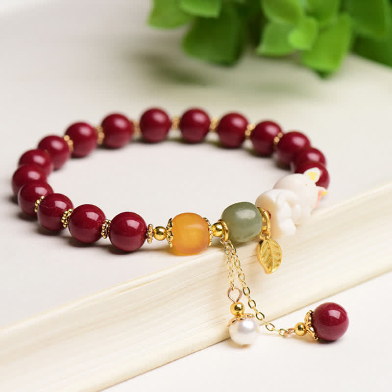 Año del Conejo Cinabrio Hetian Jade Bunny Pulsera de bendición con cuentas