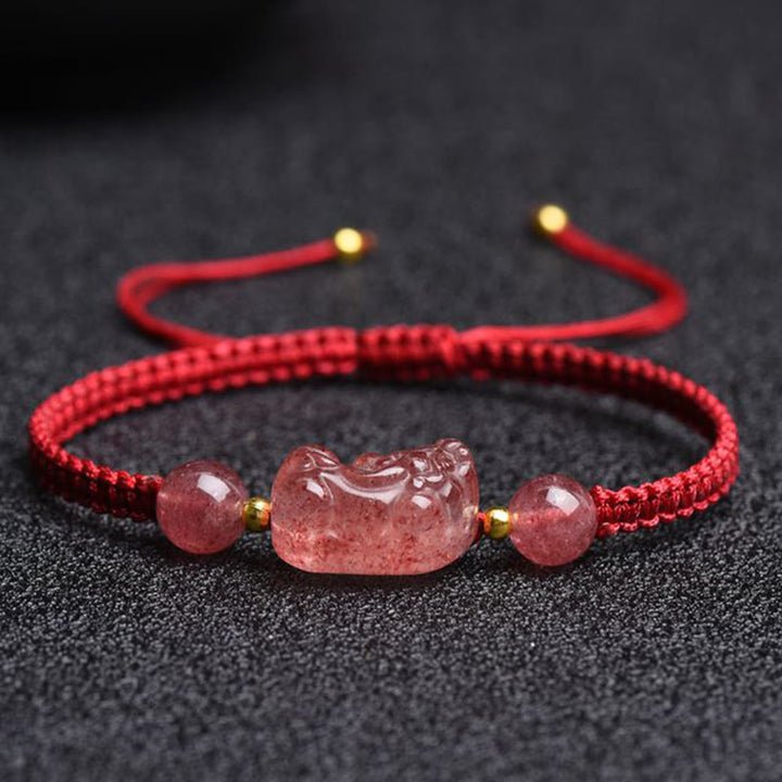 Pulsera de hilo rojo de la suerte PiXiu de cuarzo fresa Natural con Buddha Stones