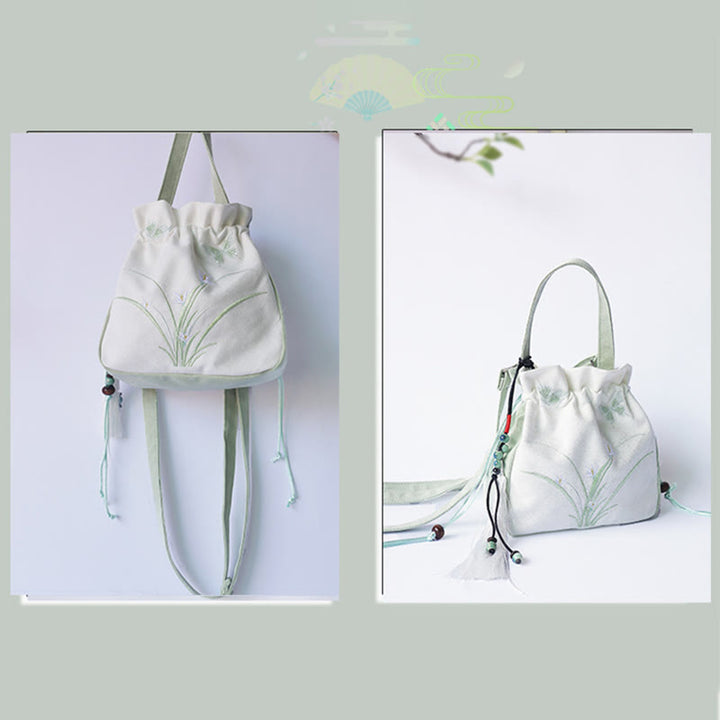 Bolso de hombro de lona con flores bordadas hechas a mano con Buddha Stones