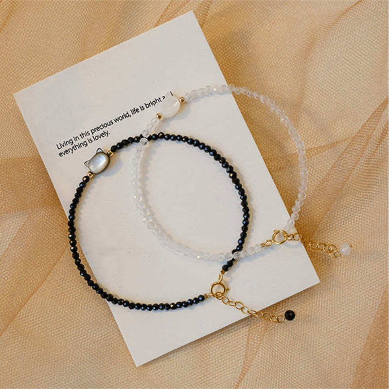 Pulsera curativa de piedra Tridacna de gato lindo de cristal blanco de espinela negra chapada en oro de 14 quilates con Buddha Stones - image 16