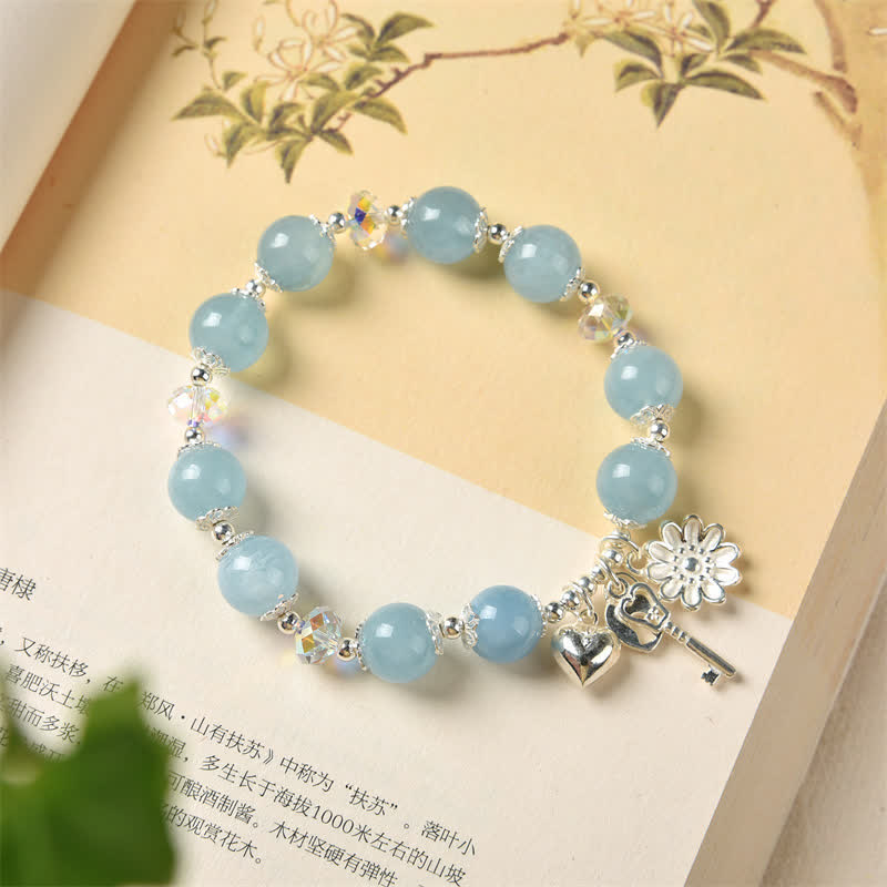 Pulsera con dije de llave de amor con flor de serenidad de aguamarina natural de plata de ley 925 - image 1