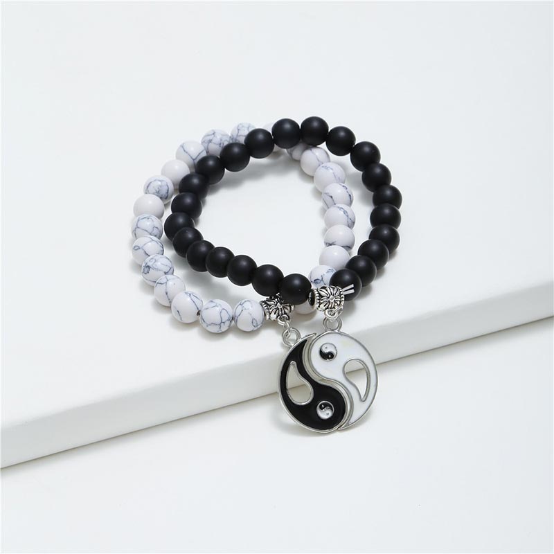 Buddha Stones 2 uds. Pulsera de pareja Yin Yang con cuentas de turquesa blanca y ónix negro Natural