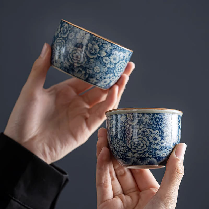 Tazas de té de cerámica con diseño de crisantemo, loto azul, flor de melocotón, Buddha Stones, tazas de té de Kung Fu
