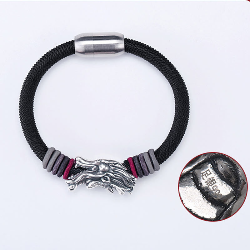 Pulsera trenzada hecha a mano para niños y adultos con diseño de dragón de plata de ley 999 con Buddha Stones