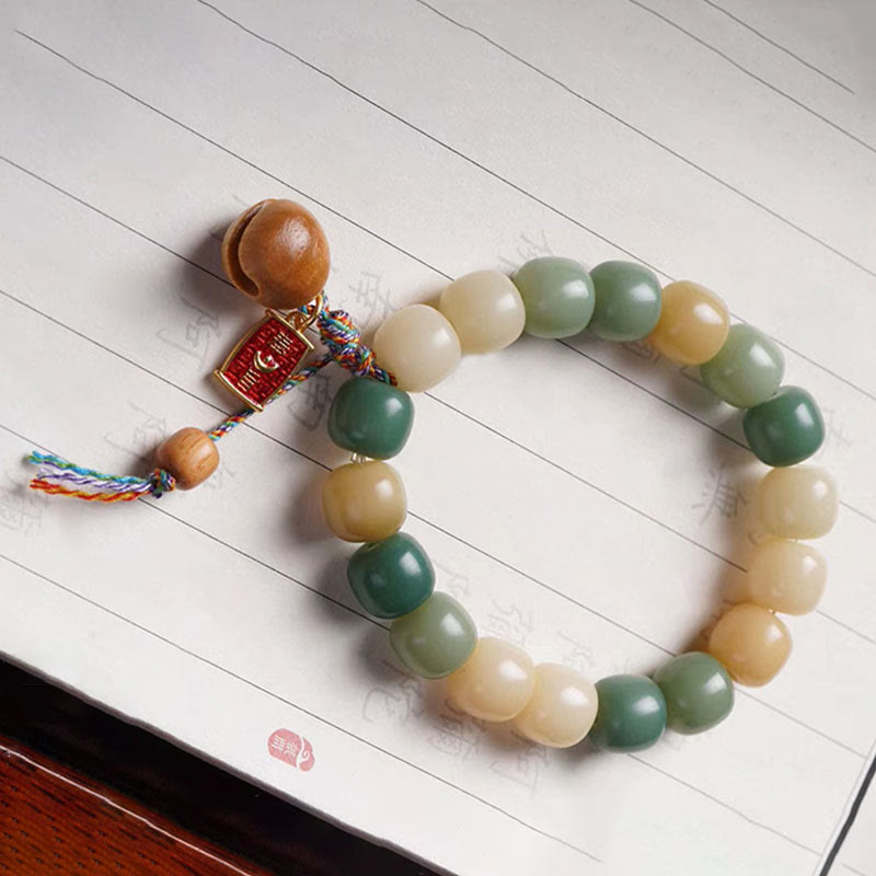 Pulsera con dije de tambor de pez de madera con semillas de Bodhi, gradiente Natural, Buddha Stones