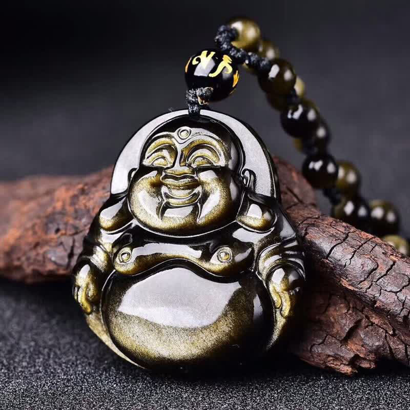 Colgante de collar de riqueza de obsidiana con brillo dorado de Buda sonriente con Buddha Stones - Cuenta de obsidiana con brillo dorado - image 1